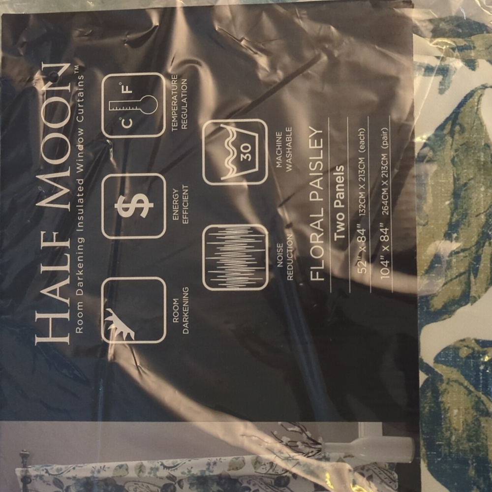 NWT Half Moon Blue Floral Paisley Room Darkening Curtain Panels 104" X 84"